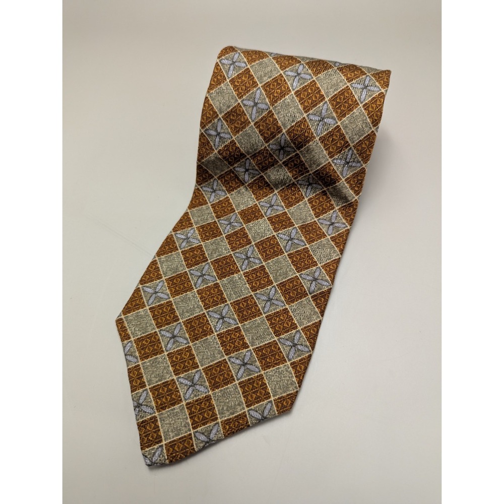 XMI Mens Silk Tie Brown Gray Blue Geometric Hand Made USA Vintage Necktie